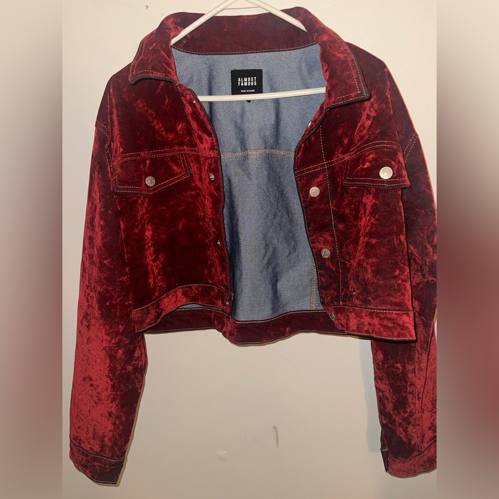 Almost Famous Women's Deep Red Velvet Jean Jacket